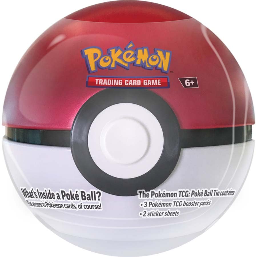Pokemon Poke Ball Tin 2024 with 3 Pokémon TCG booster packs and 2 sticker sheets