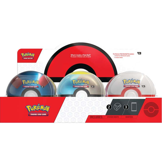 Pokemon Poke Ball Tin 2024 with 3 Pokémon TCG booster packs and 2 sticker sheets